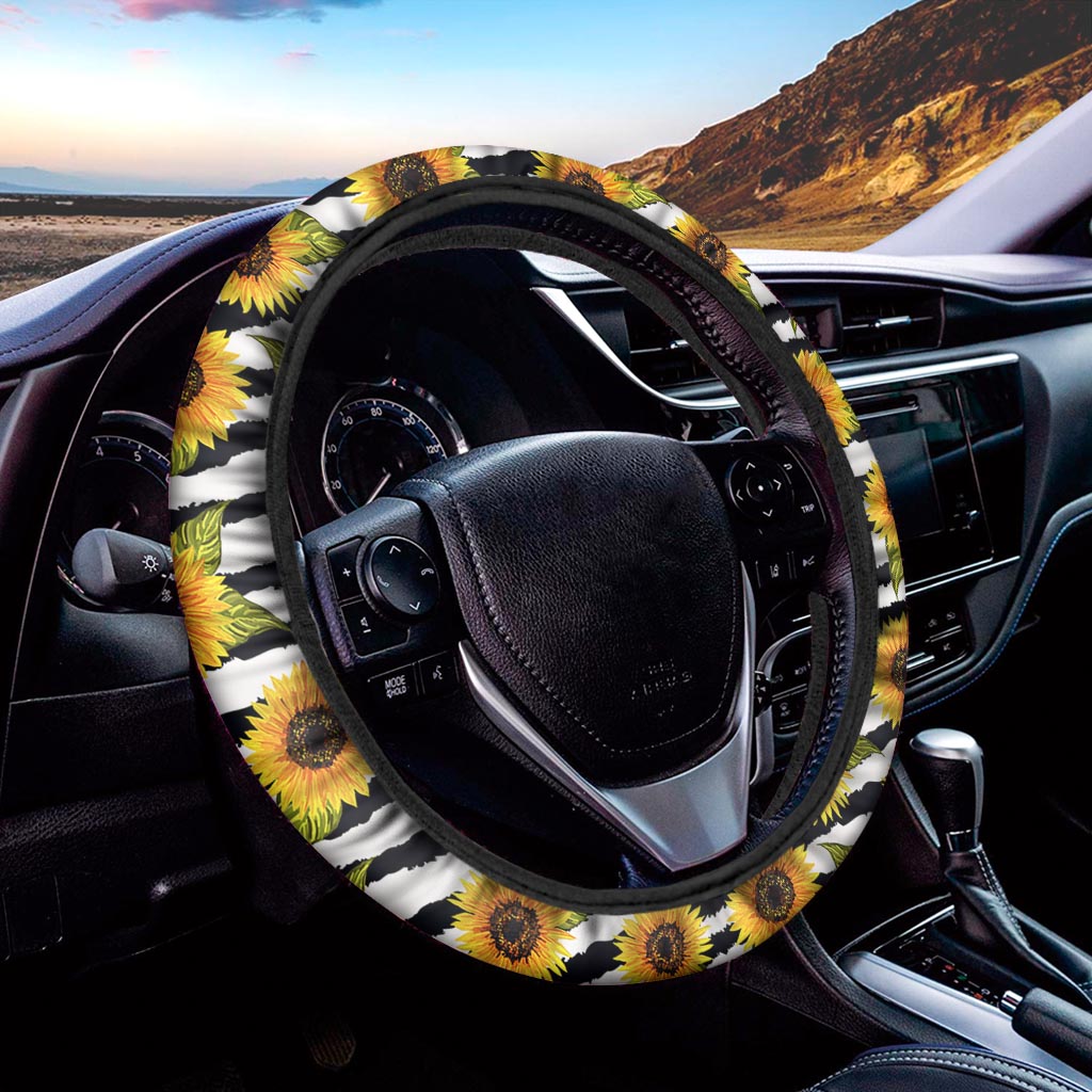 Sunflower Striped Pattern Print Car Steering Wheel Cover