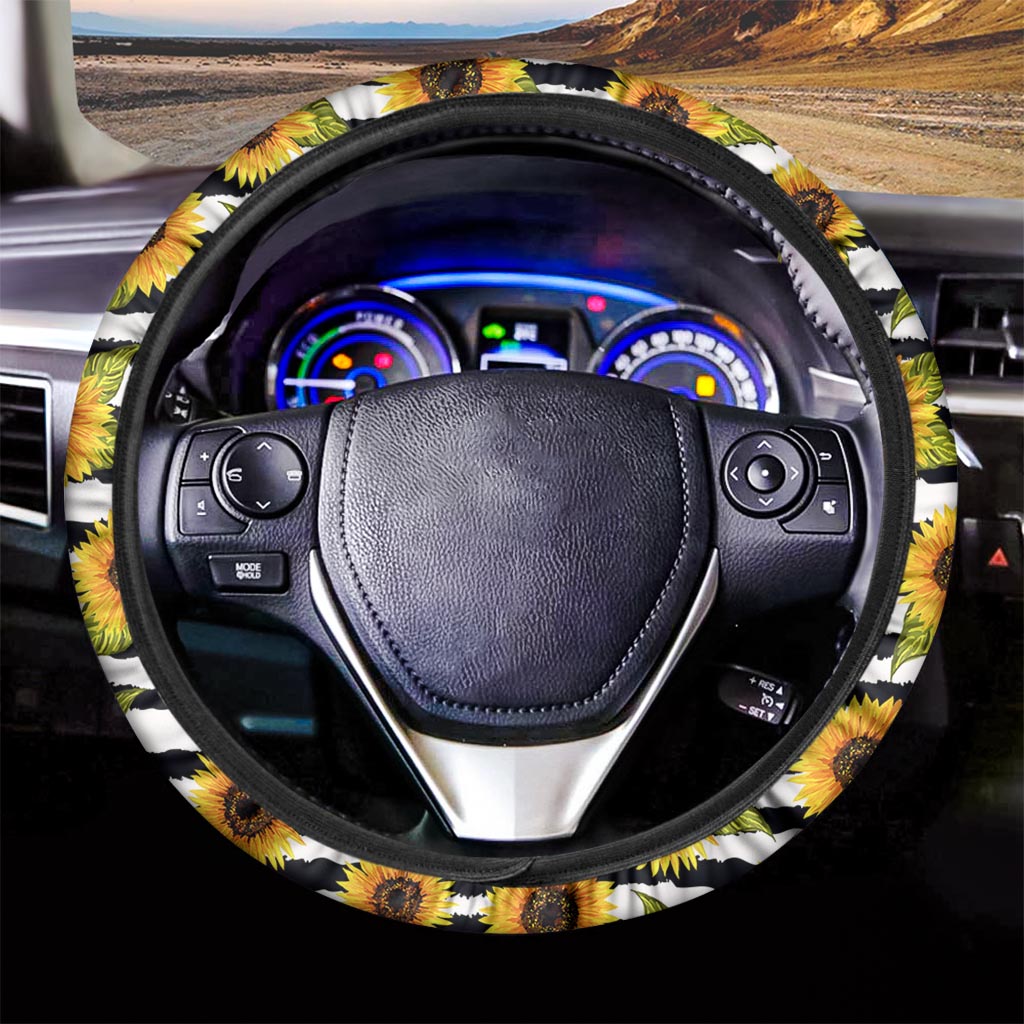 Sunflower Striped Pattern Print Car Steering Wheel Cover