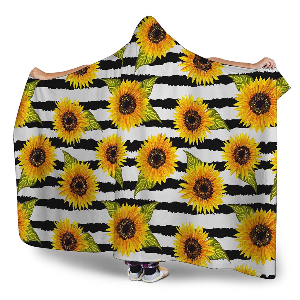 Sunflower Striped Pattern Print Hooded Blanket