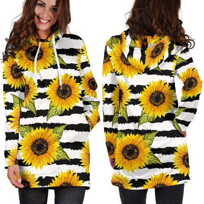 Sunflower Striped Pattern Print Hoodie Dress GearFrost