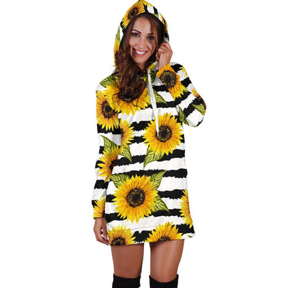 Sunflower Striped Pattern Print Hoodie Dress GearFrost