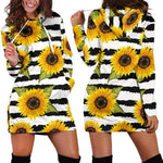 Sunflower Striped Pattern Print Hoodie Dress GearFrost