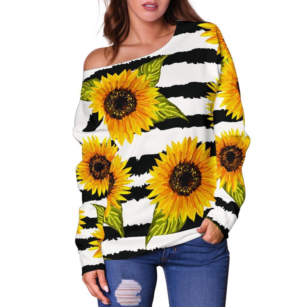 Sunflower Striped Pattern Print Off Shoulder Sweatshirt GearFrost