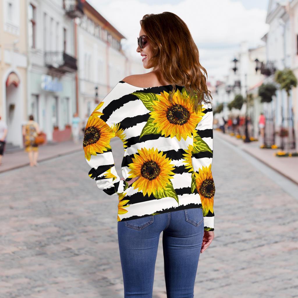 Sunflower Striped Pattern Print Off Shoulder Sweatshirt GearFrost