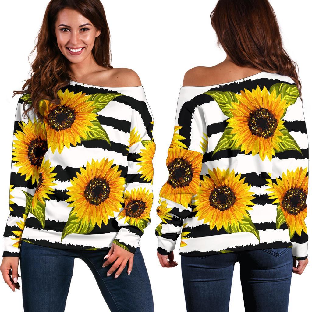 Sunflower Striped Pattern Print Off Shoulder Sweatshirt GearFrost