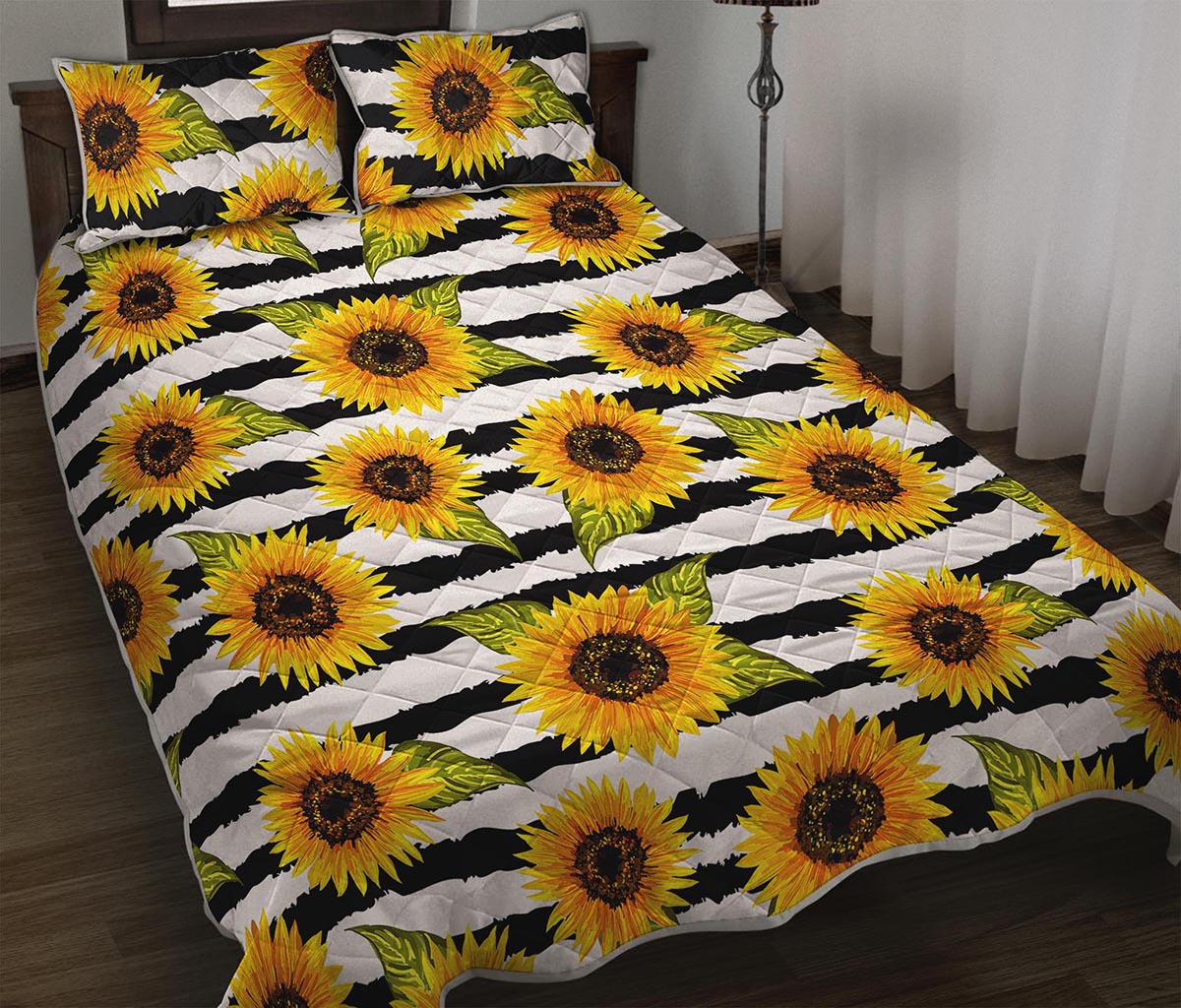 Sunflower Striped Pattern Print Quilt Bed Set