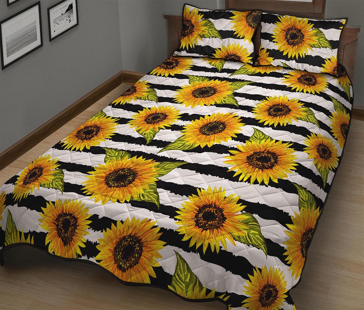 Sunflower Striped Pattern Print Quilt Bed Set