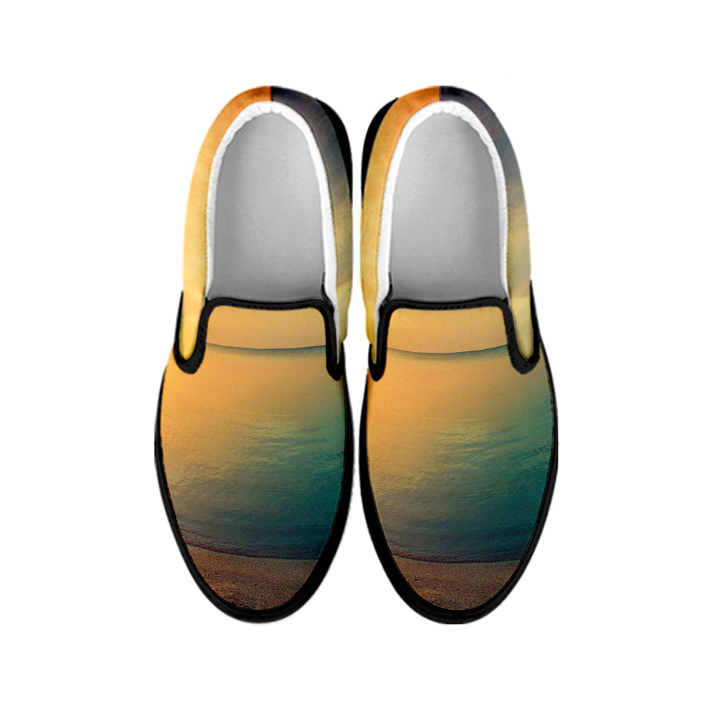 Sunrise Beach Print Black Slip On Shoes