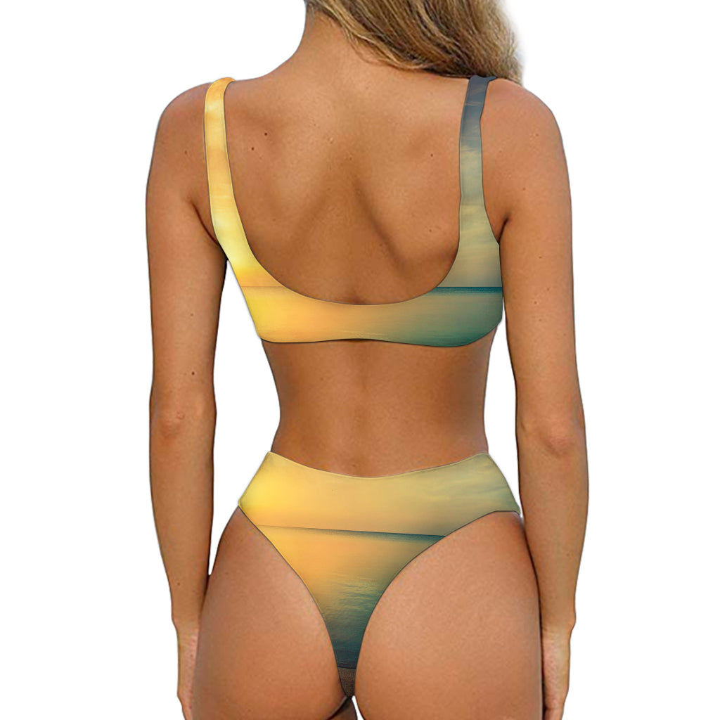 Sunrise Beach Print Front Bow Tie Bikini