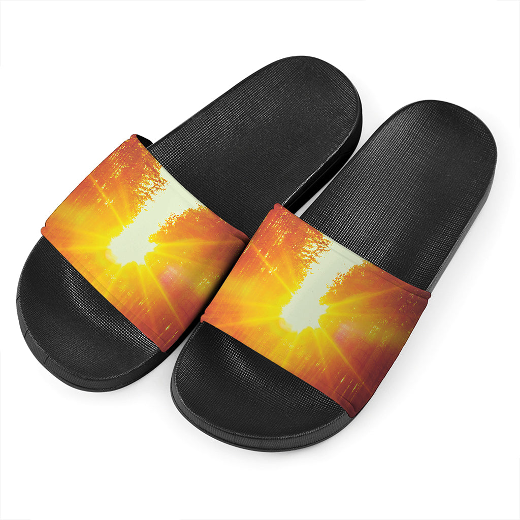 Sunrise Forest Print Black Slide Sandals