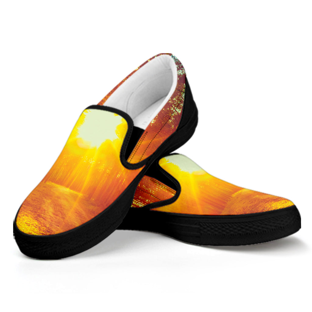 Sunrise Forest Print Black Slip On Shoes