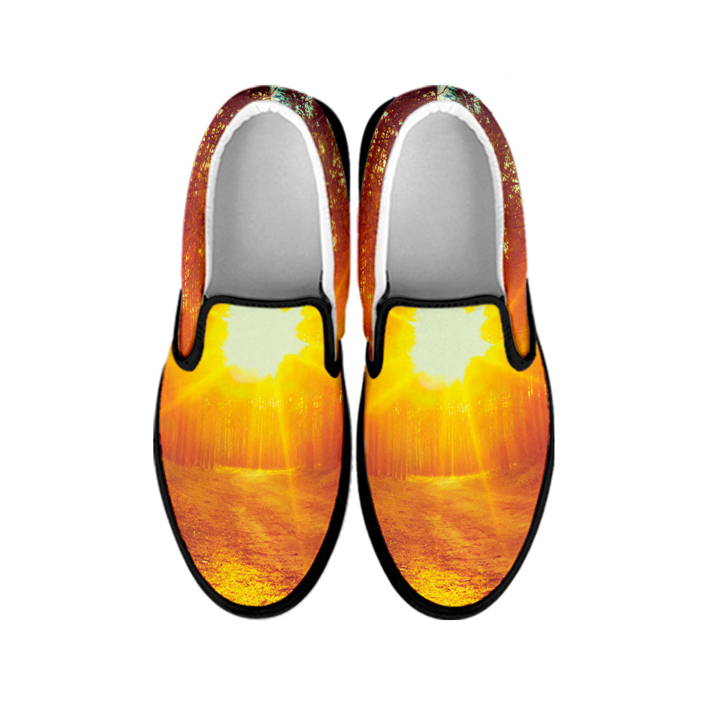 Sunrise Forest Print Black Slip On Shoes