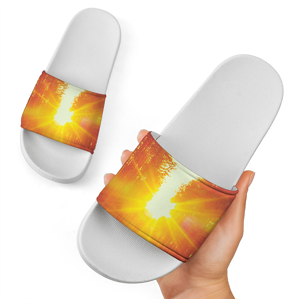 Sunrise Forest Print White Slide Sandals