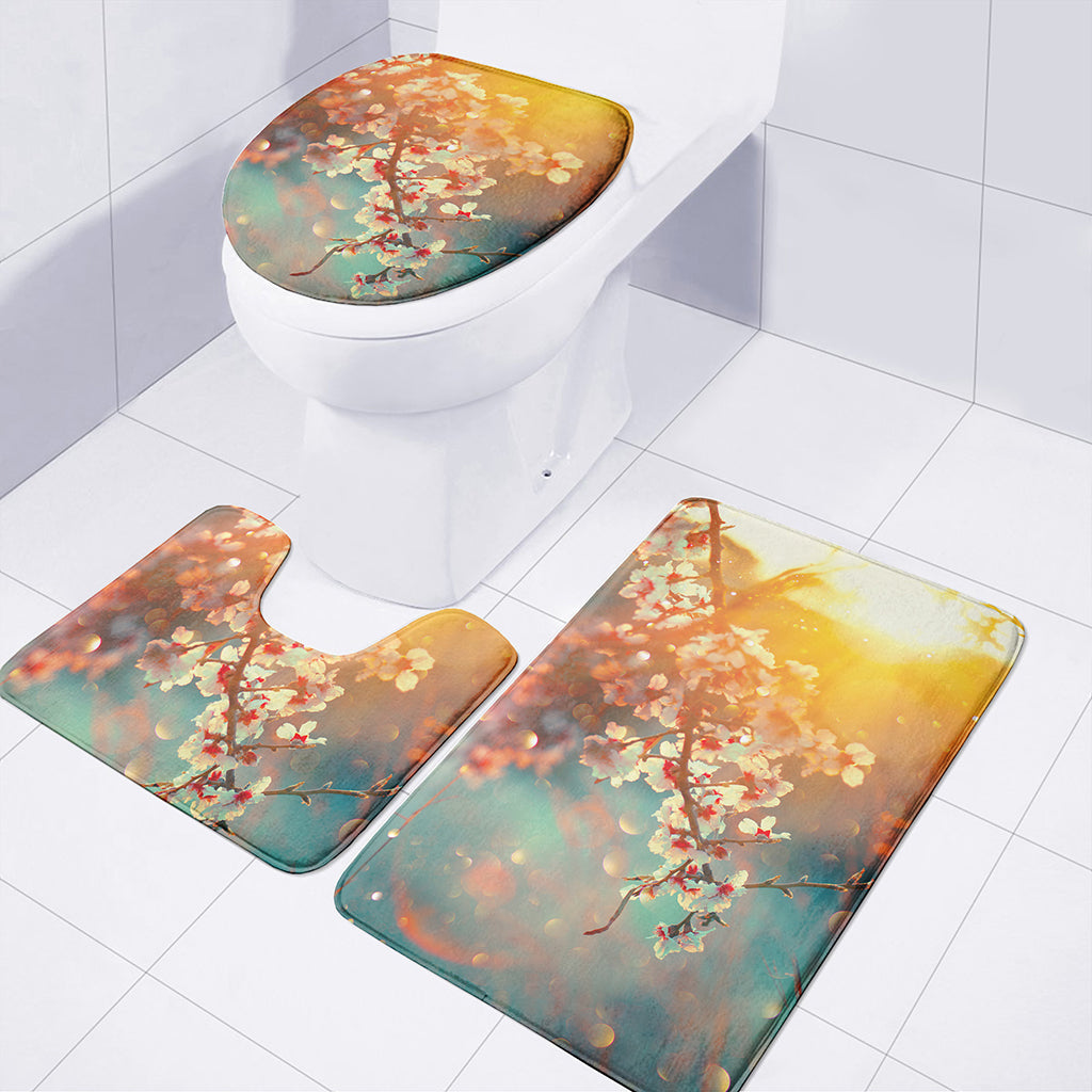 Sunrise Japanese Cherry Blossom Print 3 Piece Bath Mat Set