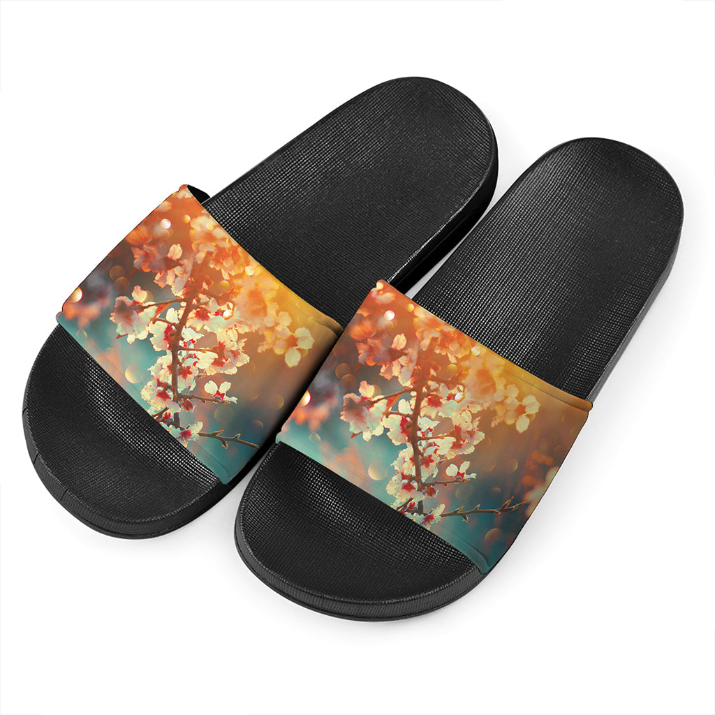 Sunrise Japanese Cherry Blossom Print Black Slide Sandals