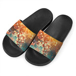 Sunrise Japanese Cherry Blossom Print Black Slide Sandals