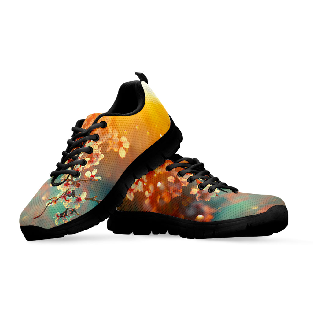 Sunrise Japanese Cherry Blossom Print Black Sneakers