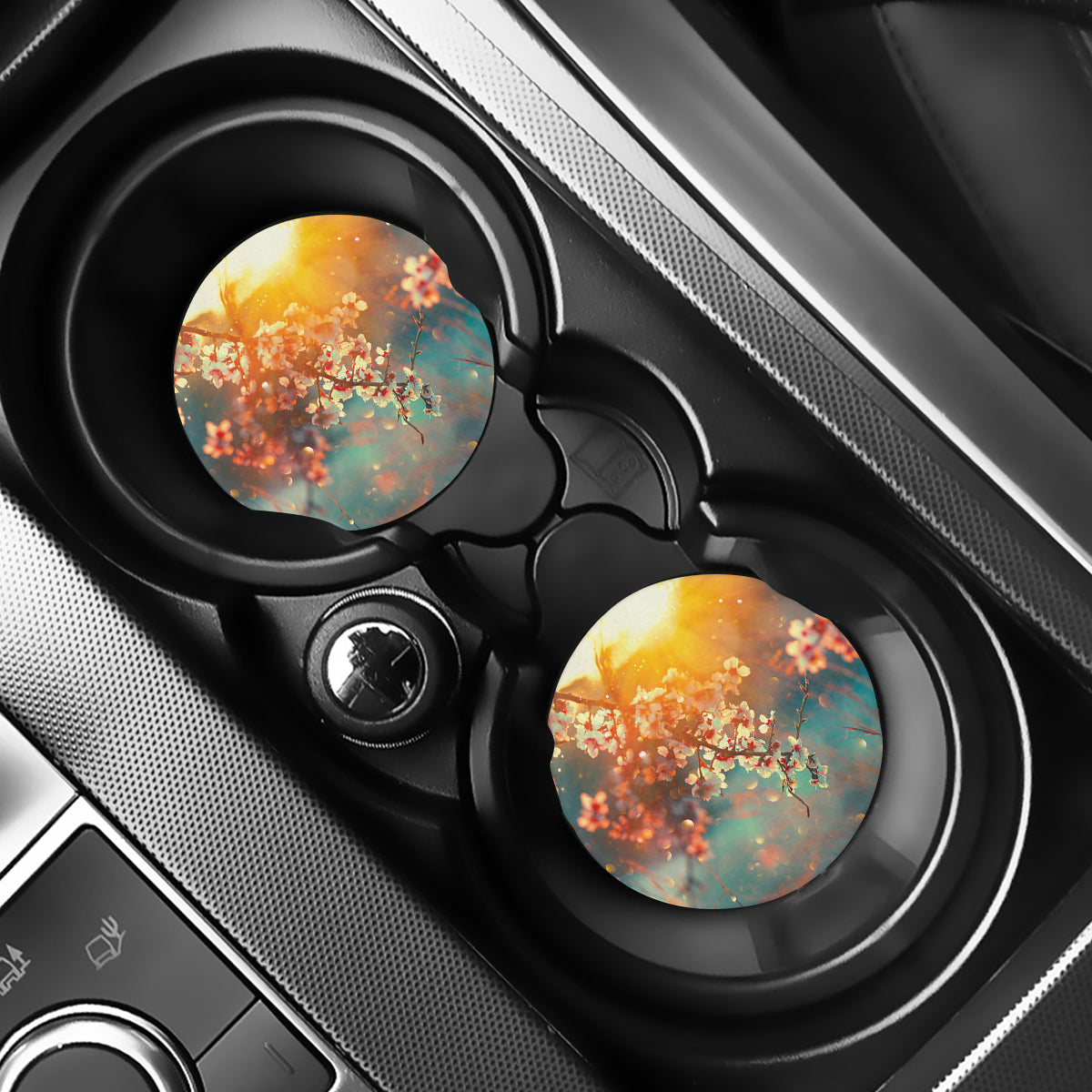 Sunrise Japanese Cherry Blossom Print Car Coasters