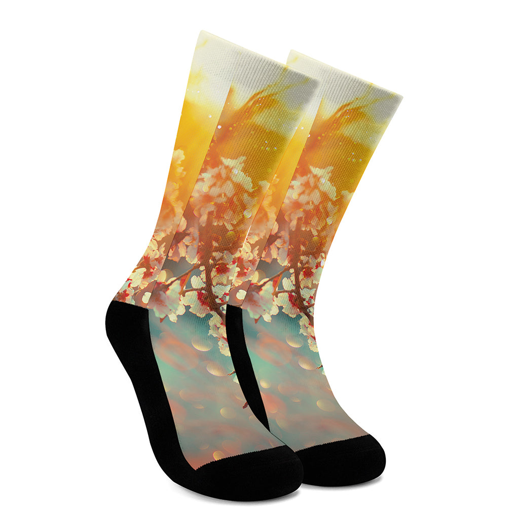 Sunrise Japanese Cherry Blossom Print Crew Socks