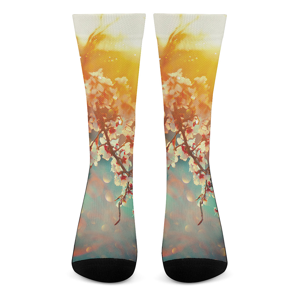 Sunrise Japanese Cherry Blossom Print Crew Socks