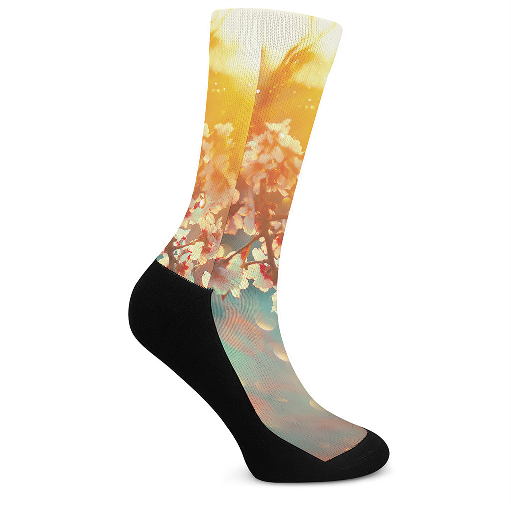 Sunrise Japanese Cherry Blossom Print Crew Socks