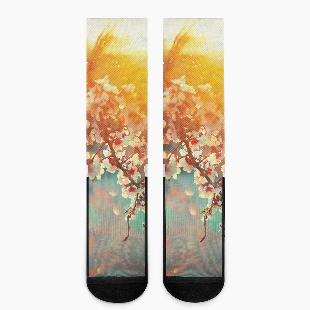 Sunrise Japanese Cherry Blossom Print Crew Socks