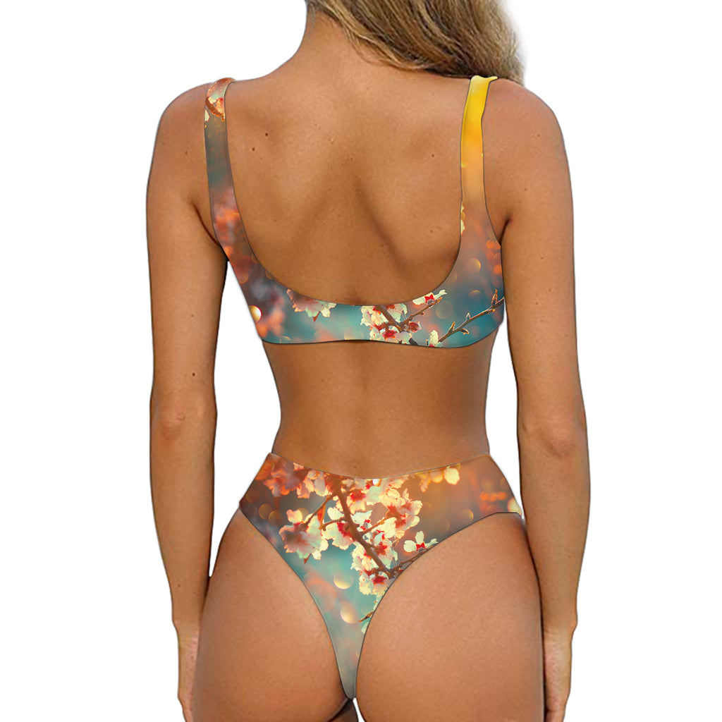 Sunrise Japanese Cherry Blossom Print Front Bow Tie Bikini