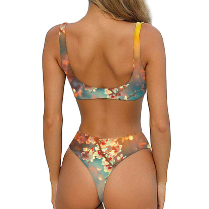 Sunrise Japanese Cherry Blossom Print Front Bow Tie Bikini