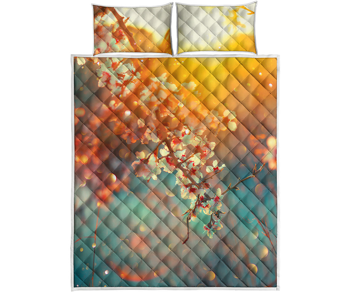 Sunrise Japanese Cherry Blossom Print Quilt Bed Set