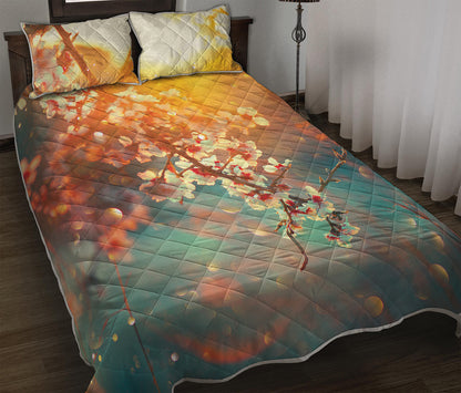Sunrise Japanese Cherry Blossom Print Quilt Bed Set
