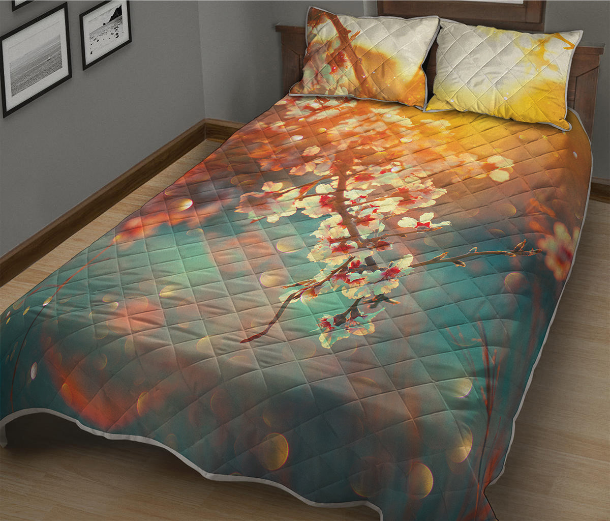 Sunrise Japanese Cherry Blossom Print Quilt Bed Set