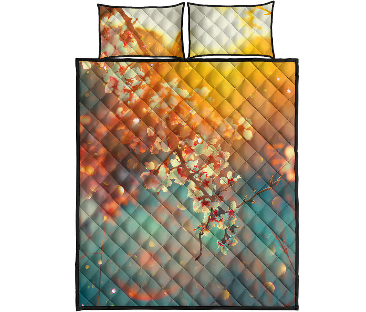 Sunrise Japanese Cherry Blossom Print Quilt Bed Set