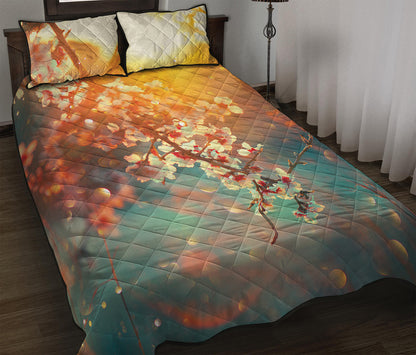 Sunrise Japanese Cherry Blossom Print Quilt Bed Set