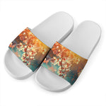 Sunrise Japanese Cherry Blossom Print White Slide Sandals