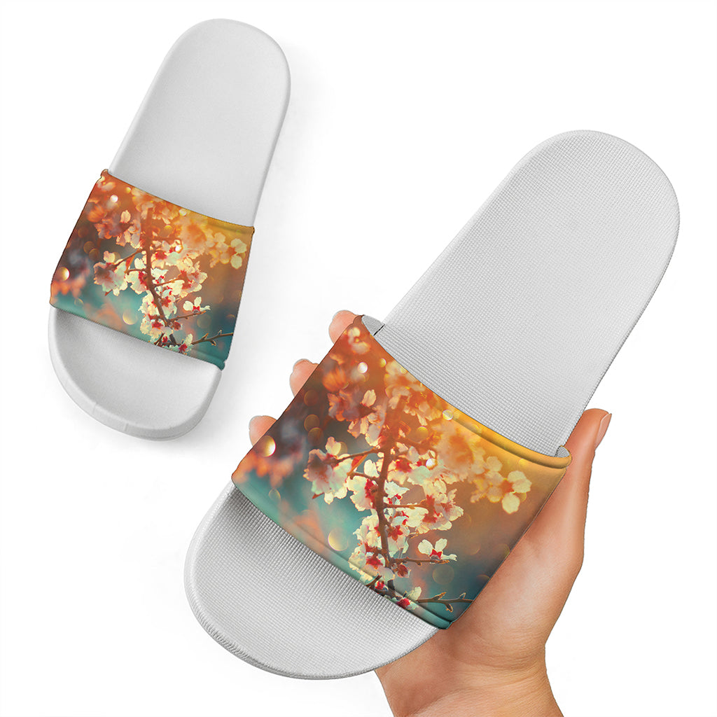 Sunrise Japanese Cherry Blossom Print White Slide Sandals