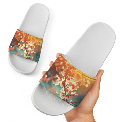 Sunrise Japanese Cherry Blossom Print White Slide Sandals