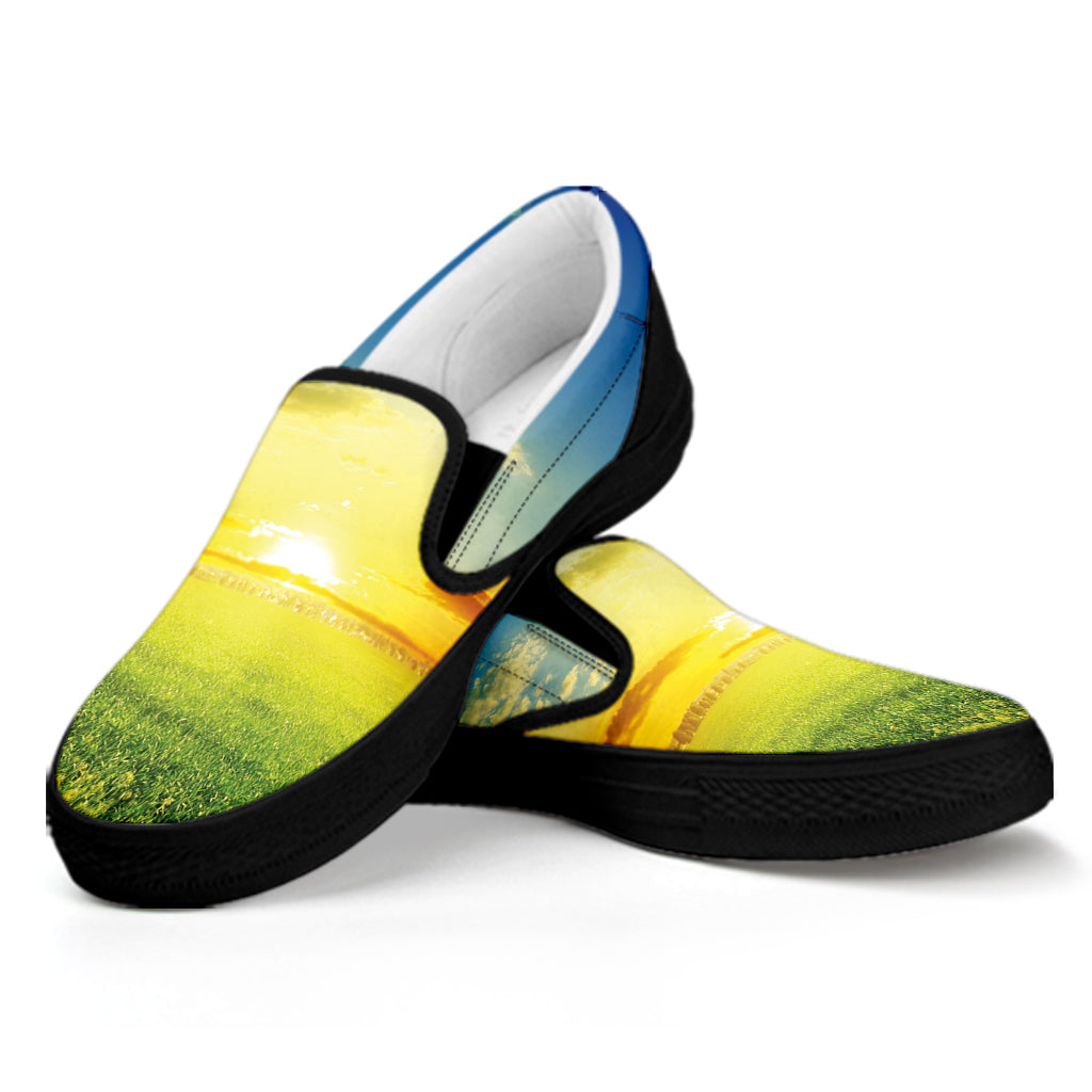 Sunrise Meadow Print Black Slip On Shoes