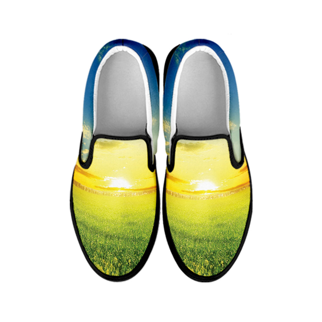 Sunrise Meadow Print Black Slip On Shoes