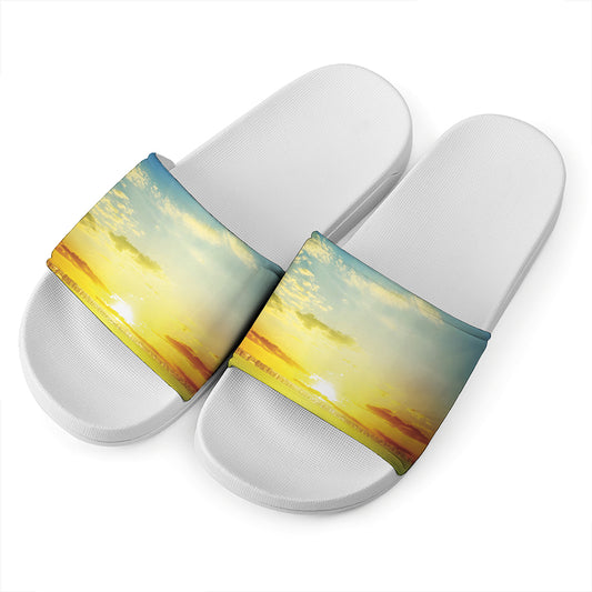 Sunrise Meadow Print White Slide Sandals