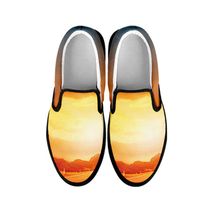 Sunrise Road Print Black Slip On Shoes