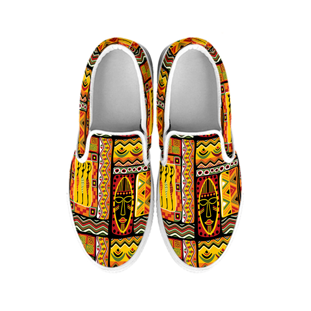 Sunset Ethnic African Tribal Print White Slip On Shoes