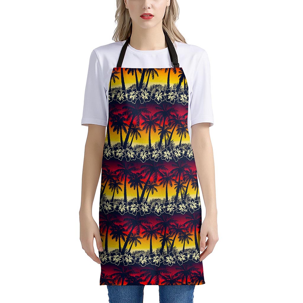 Sunset Hibiscus Palm Tree Pattern Print Apron