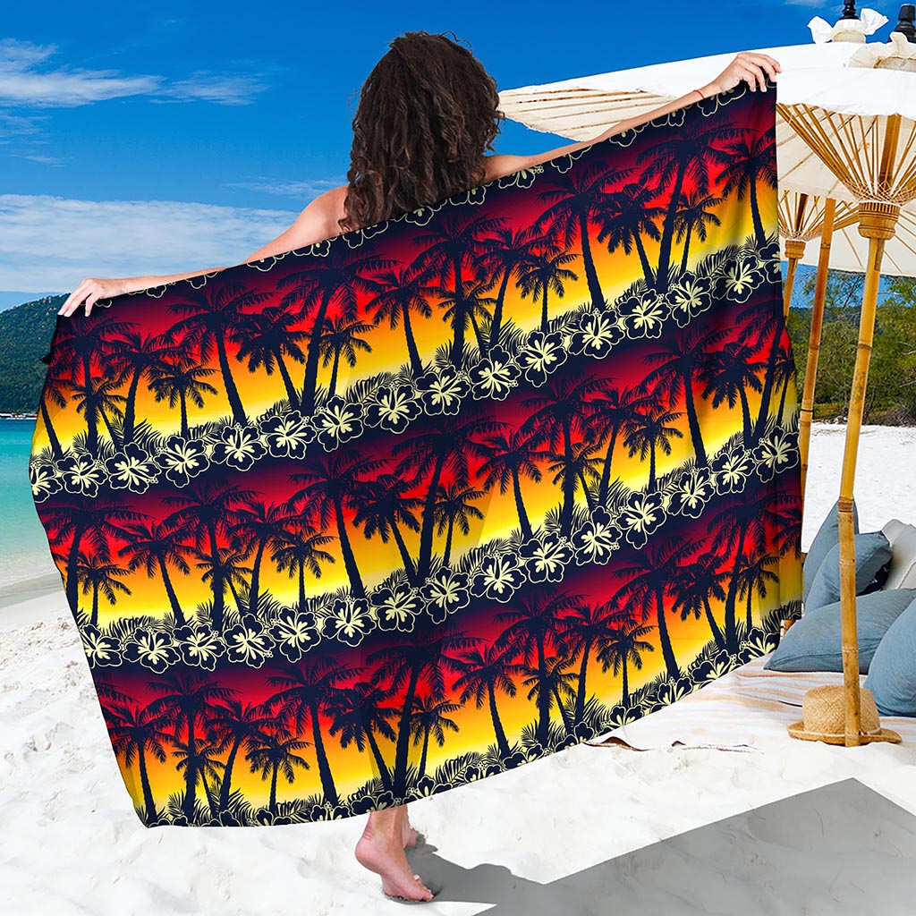 Sunset Hibiscus Palm Tree Pattern Print Beach Sarong Wrap