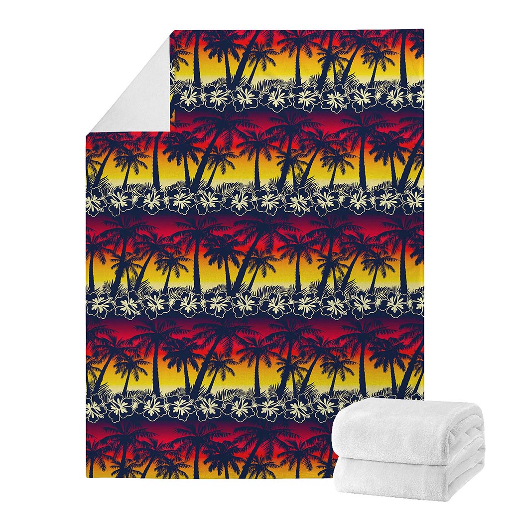 Sunset Hibiscus Palm Tree Pattern Print Blanket
