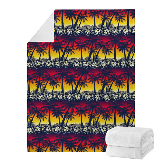 Sunset Hibiscus Palm Tree Pattern Print Blanket