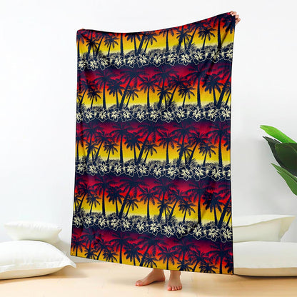 Sunset Hibiscus Palm Tree Pattern Print Blanket