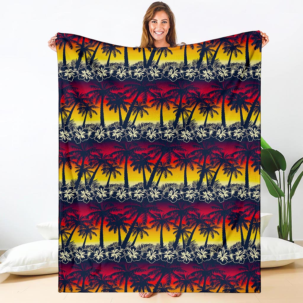 Sunset Hibiscus Palm Tree Pattern Print Blanket