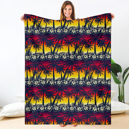 Sunset Hibiscus Palm Tree Pattern Print Blanket
