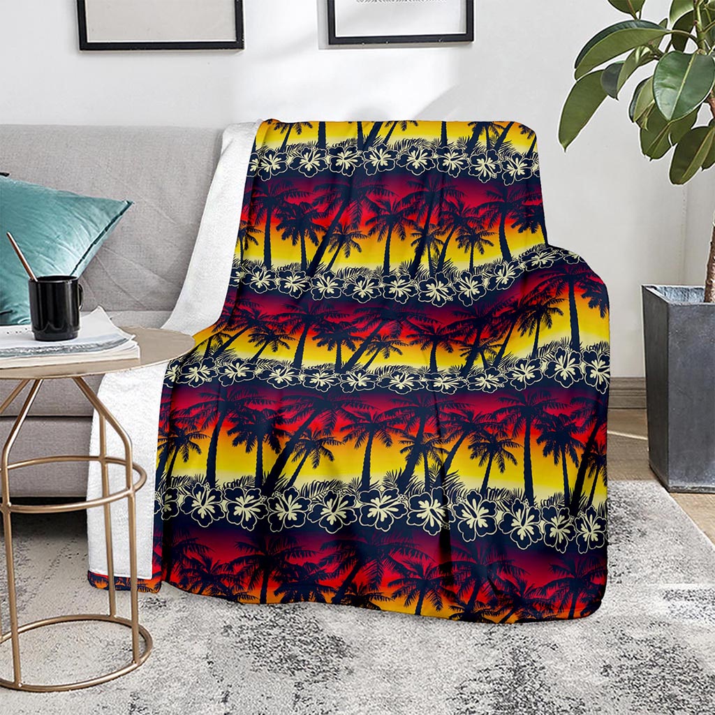 Sunset Hibiscus Palm Tree Pattern Print Blanket