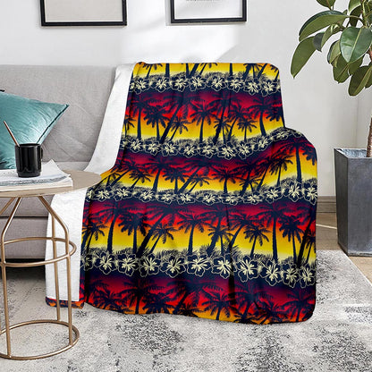 Sunset Hibiscus Palm Tree Pattern Print Blanket